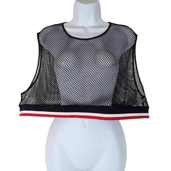 Urban Outfitters Tops - Urban Outfitters NWT Black Mesh Crop Tank Top Red Stripe Y2K Festival Unisex S/M